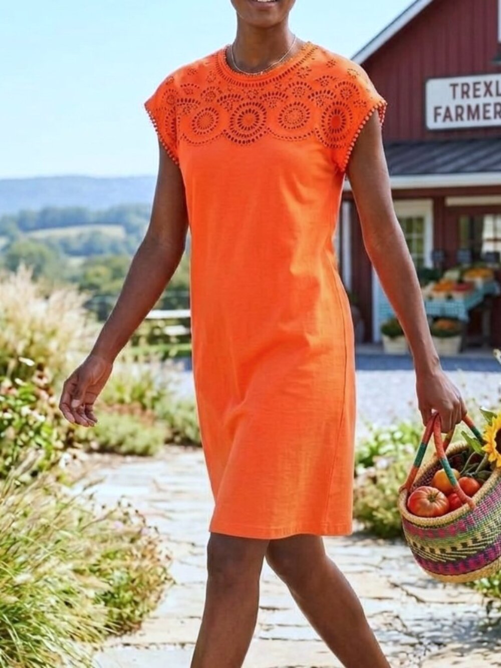 BODEN Orange Eyelet Cap Sleeve Shift Dress sz 14 L